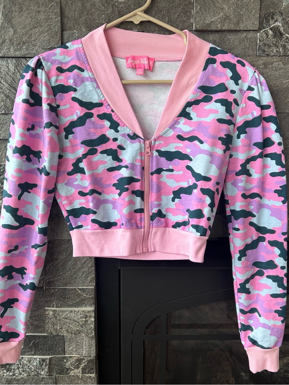 Sugar Thrillz Pastel Camo Cropped Zip-Up Sweatshirt